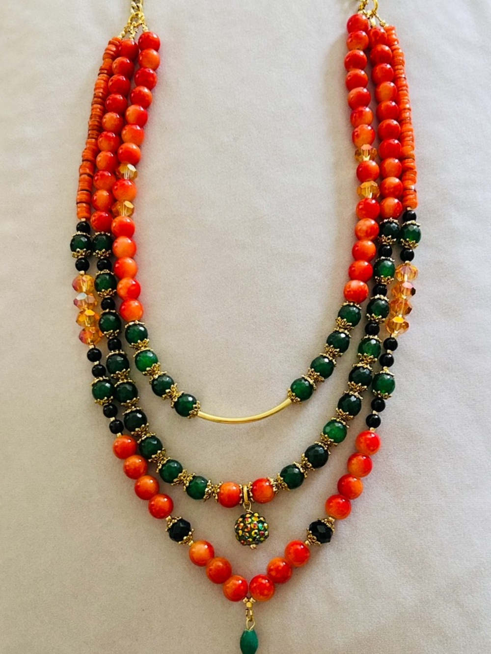 Multistrand Orange and Green Beaded Statement Necklace